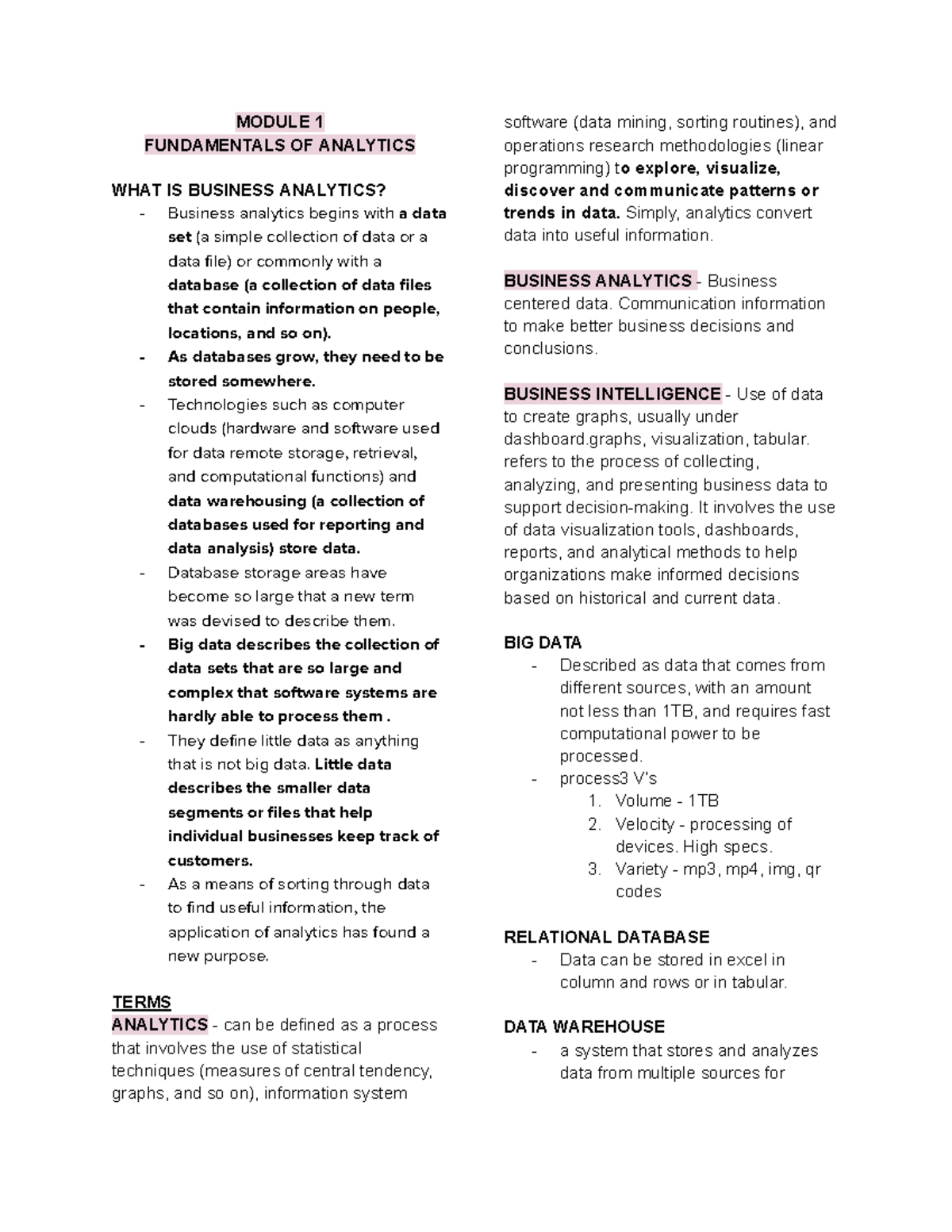 Business Analytics Module 1-3: Fundamentals and Applications - Studocu