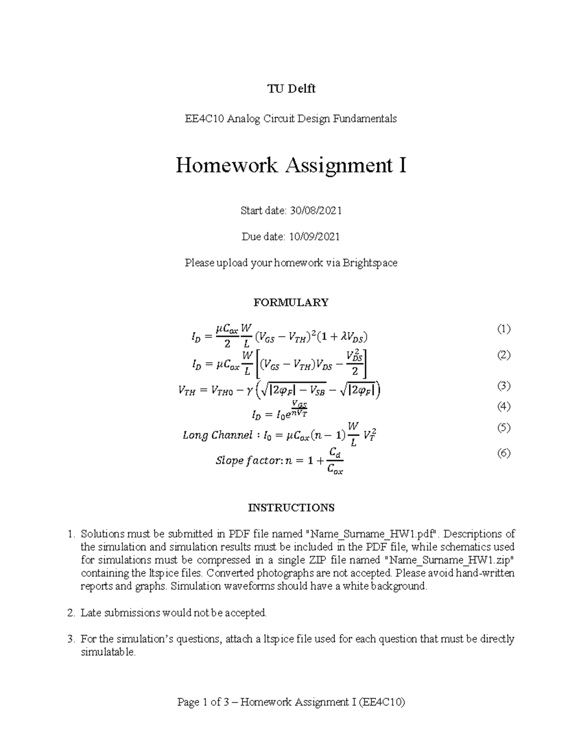 Homework Assignment I (EE4C10) - Basic MOS Problems Week 1 - Studeersnel