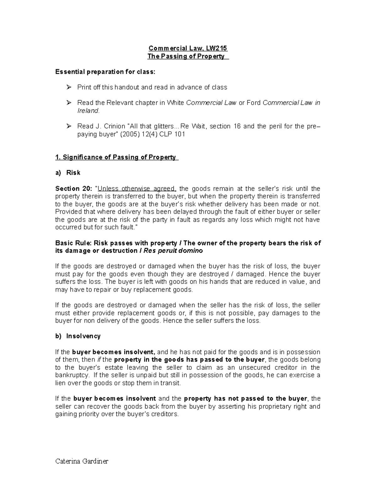 LW Week 6 Lecture Notes: Passing of Property in Commercial Law - Studocu