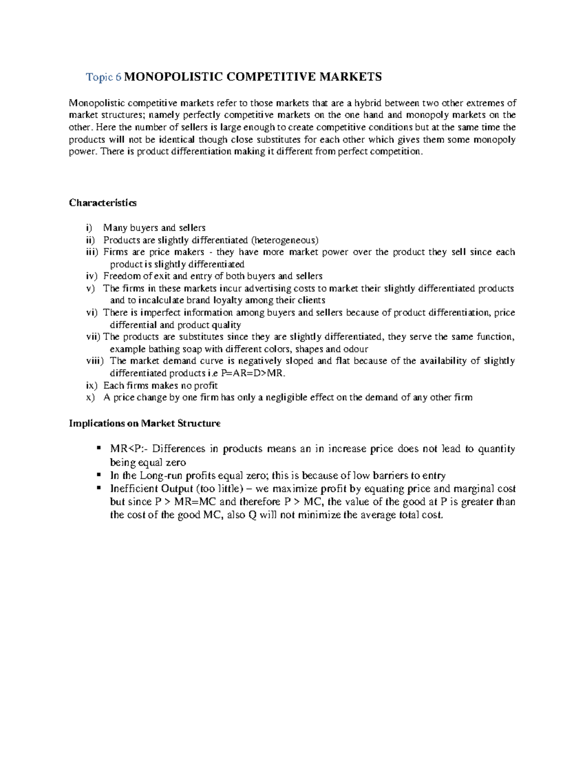 Monopolistic Competitive Markets: Key Concepts and Implications - Studocu
