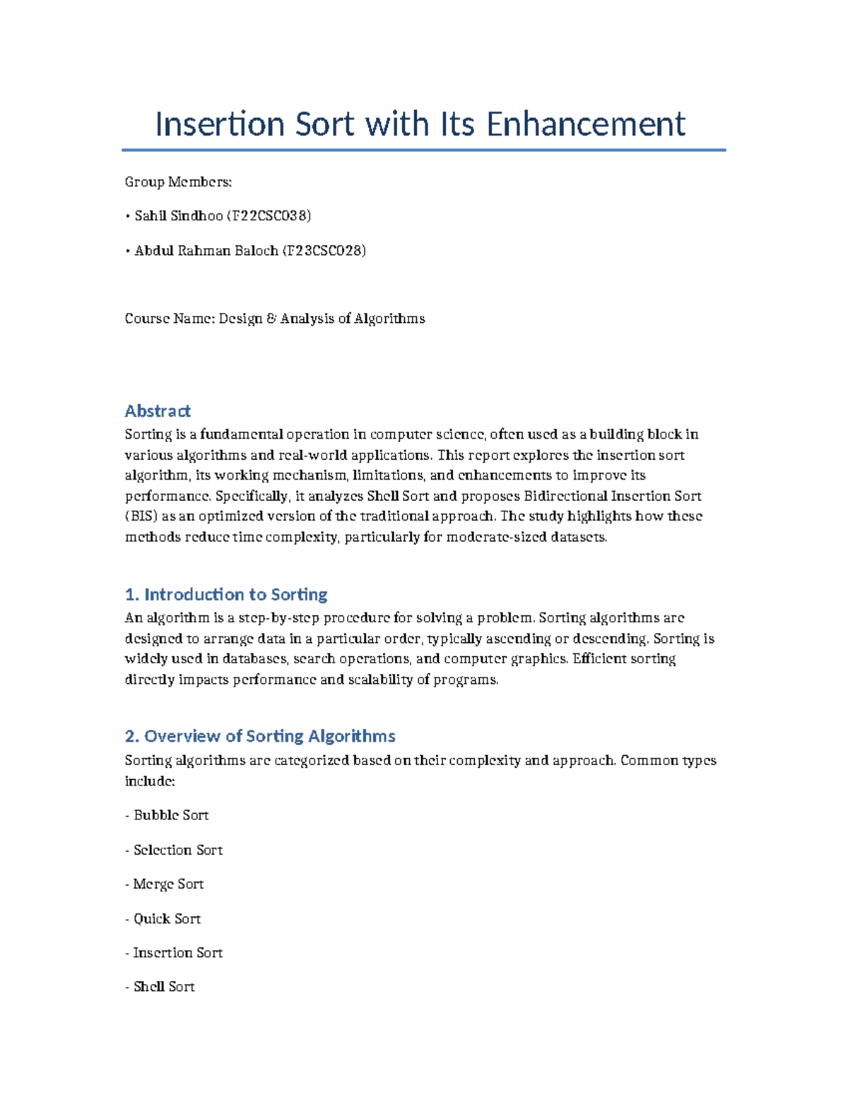 DAA Report: Insertion Sort & Enhancements (F22CSC038, F23CSC028) - Studocu