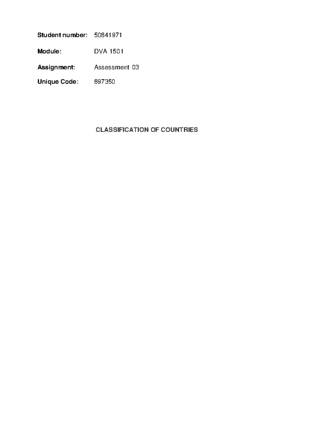 DVA 1501 Assignment 1: Classification of Countries and Global Divide ...