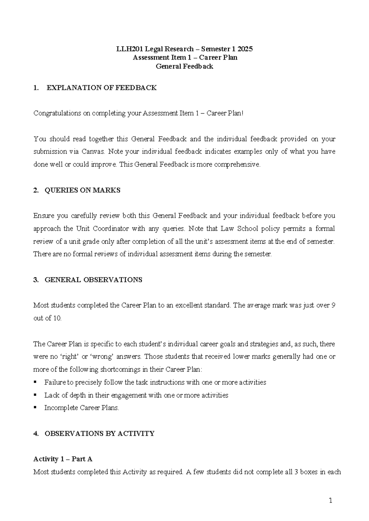 LLH201 Sem 1 2025 Assessment 1 Career Plan General Feedback - Studocu