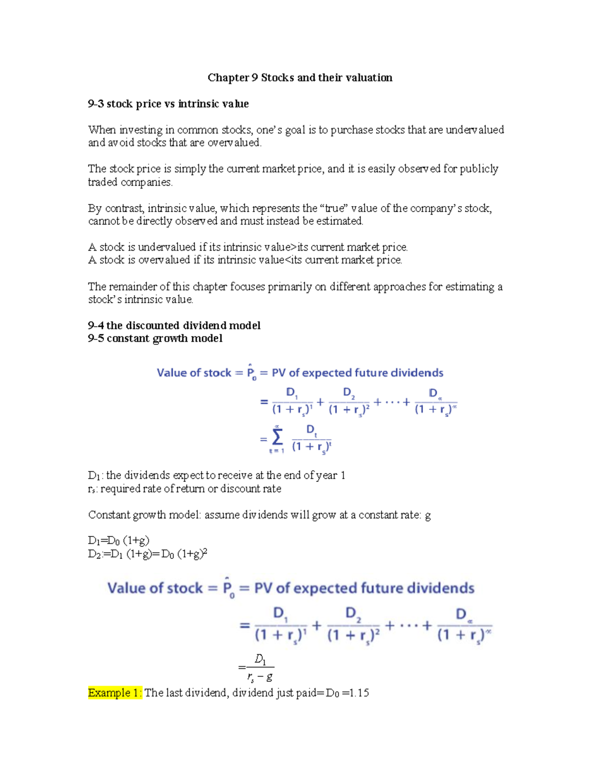 Chapter 9: Stocks & Their Valuation - Concepts & Methods - Studocu