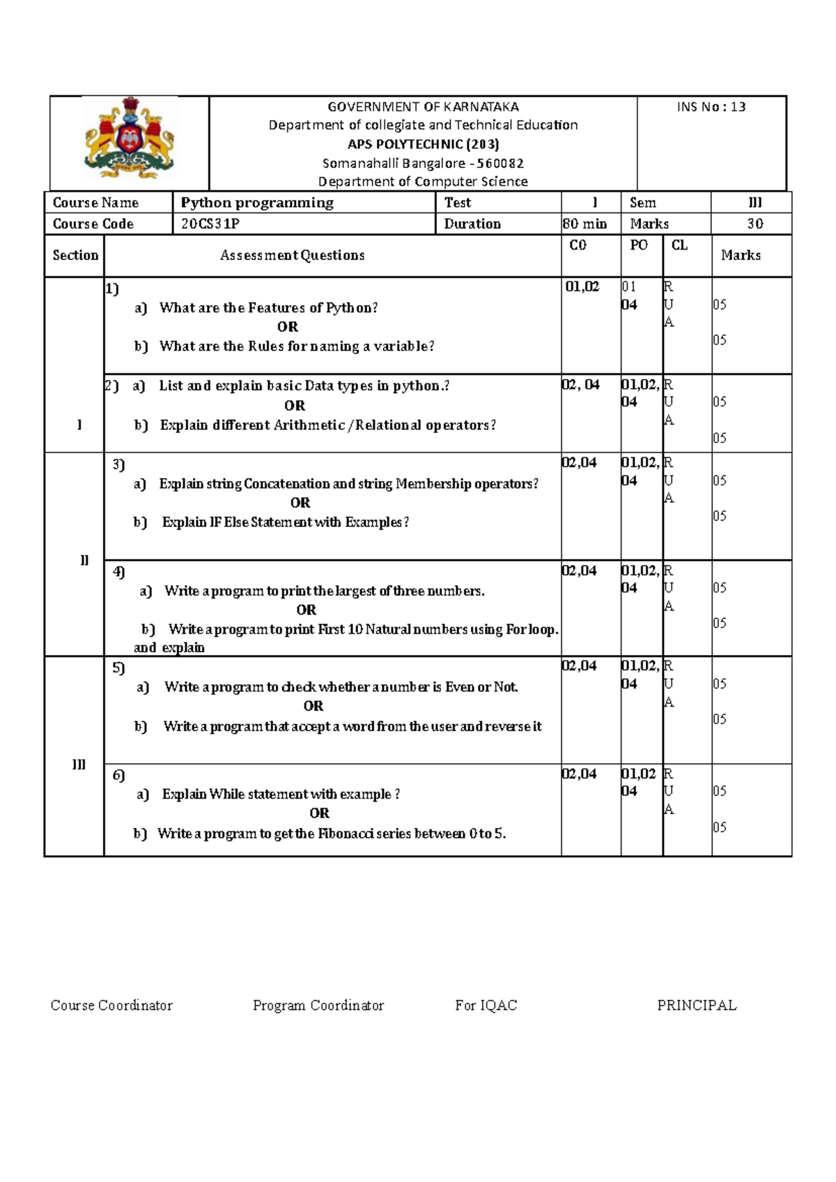 Python Programming Test I & II (20CS31P) - Assessment Questions - Studocu
