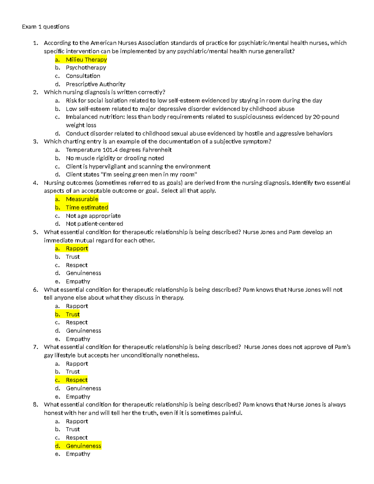 Psychiatric Nursing Exam 1 Review Questions and Key Concepts - Studocu