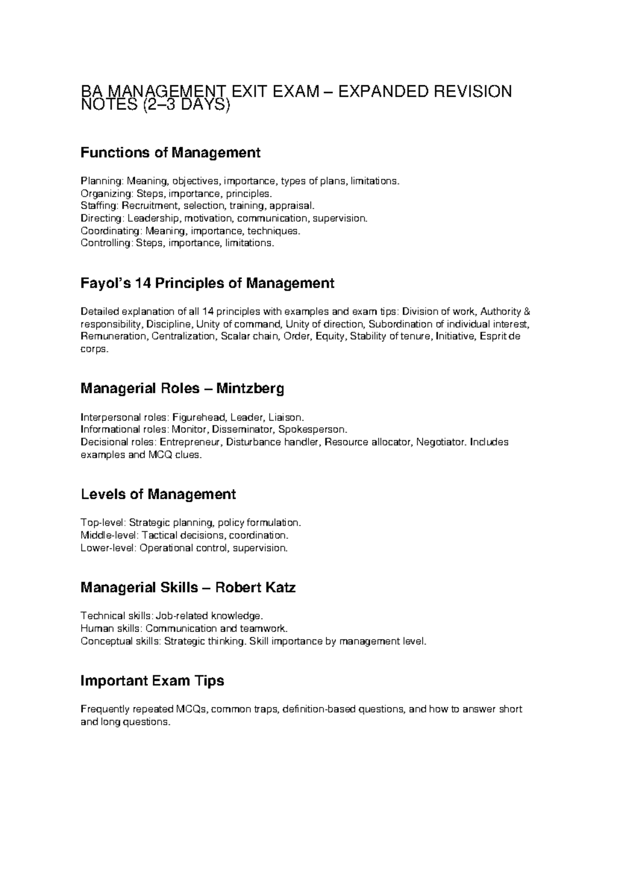 BA MANAGEMENT EXIT EXAM EXPANDED REVISION NOTES - Studocu