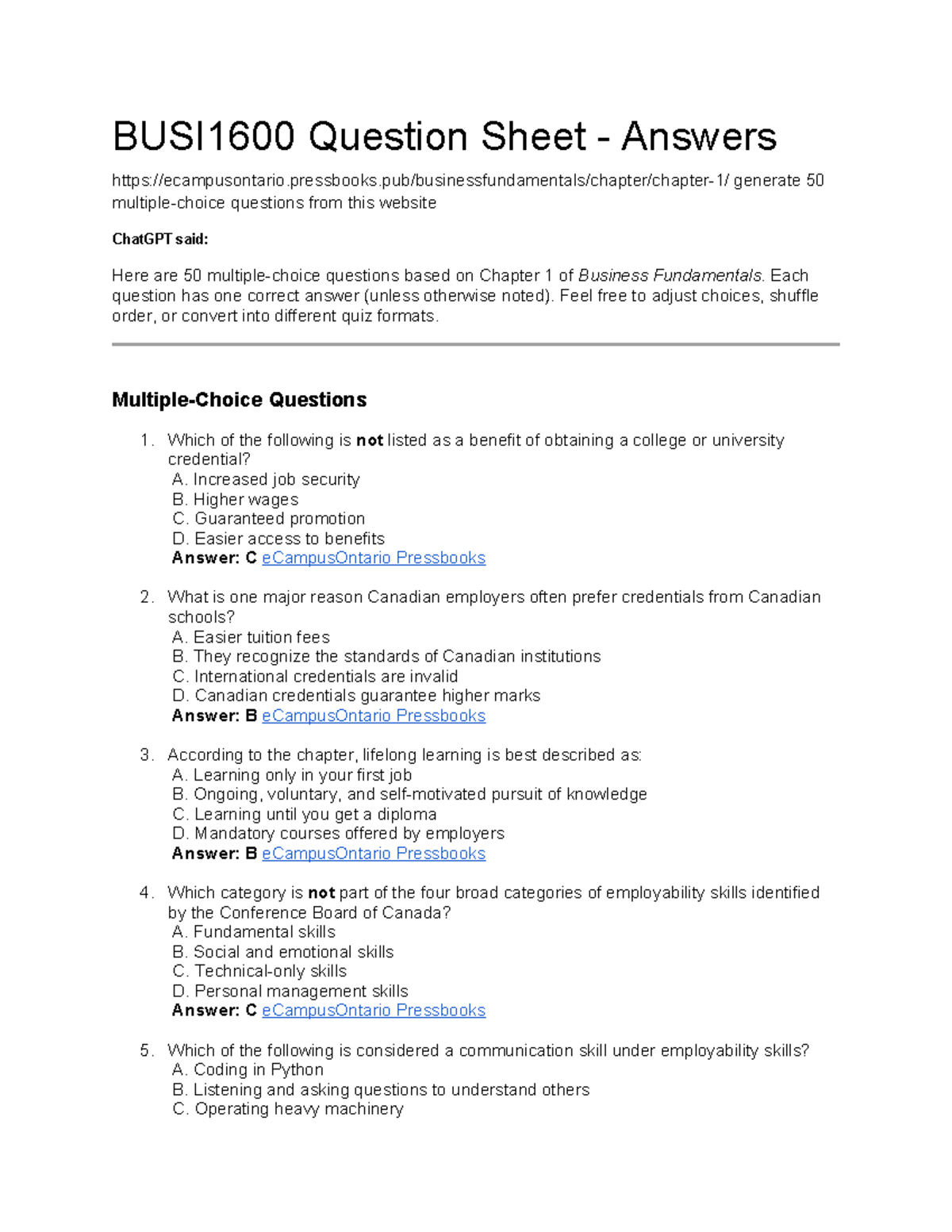 BUSI1600 Quiz Questions from Business Fundamentals Chapters 1-3 - Studocu