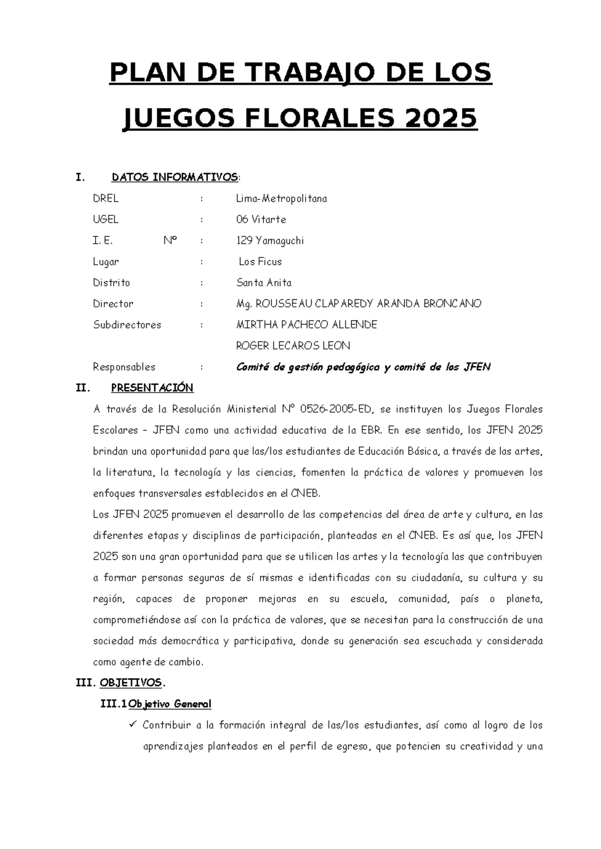 PLAN JUEGOS FLORALES 2025 - Estrategias y Ejecución en Lima - Document Preview