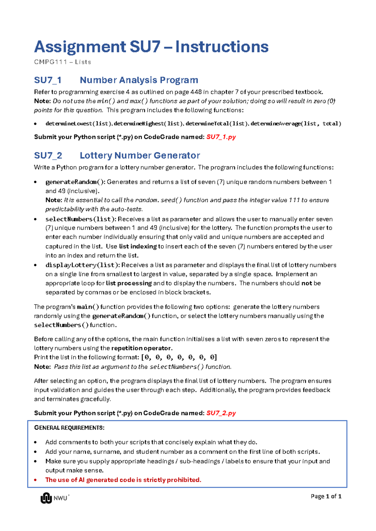 Assignment SU7: Python Program Instructions for Number Analysis ...