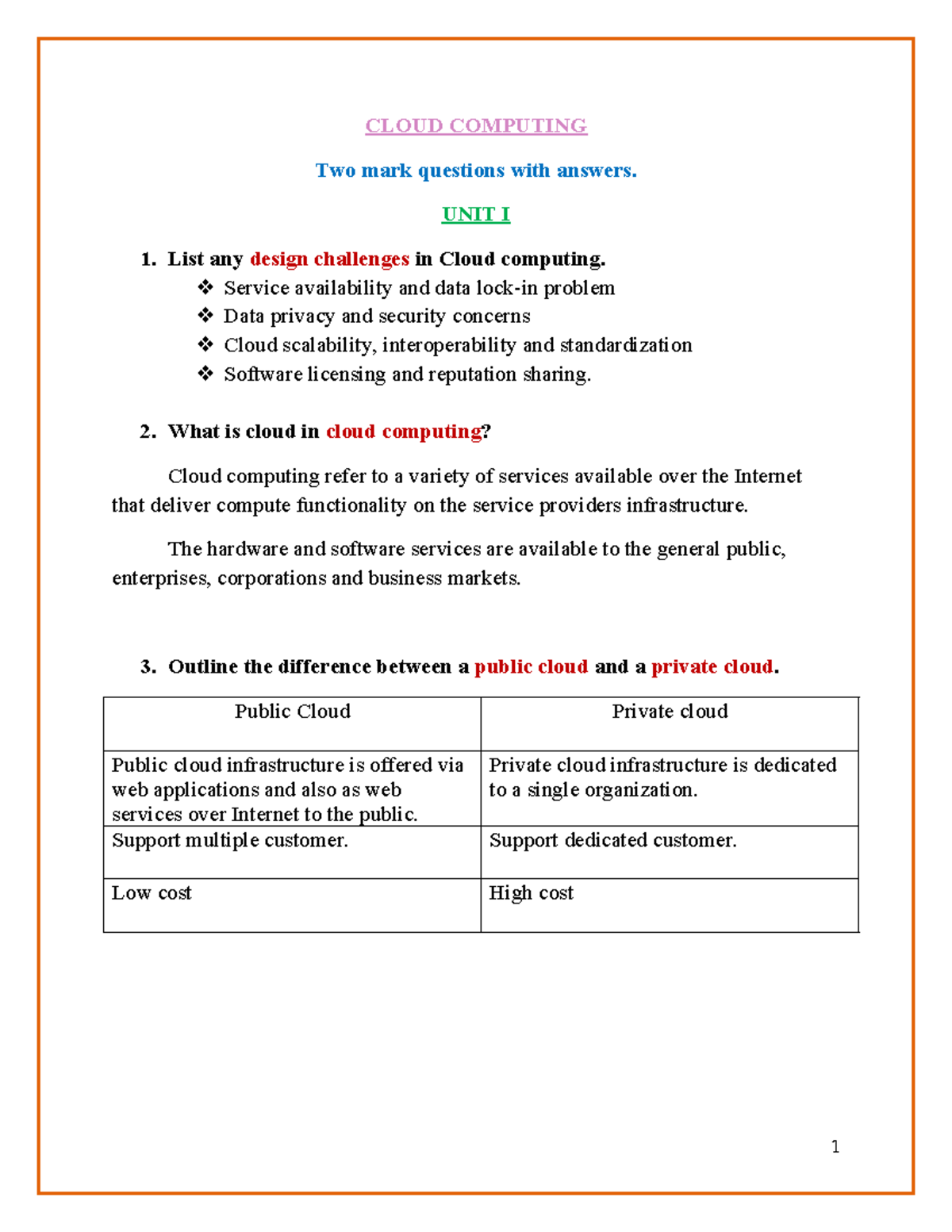 Cloud Computing Two Mark Questions - Unit I & II - Studocu