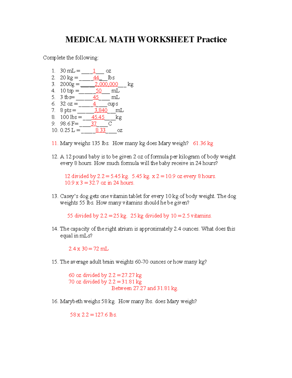 MEDICAL MATH WORKSHEET Practice-3 Answer Key - Studocu