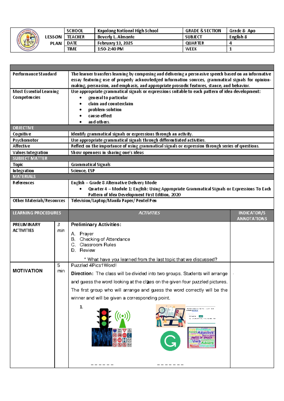 G8-Q4-M1 - PATTERN OF IDEA DEVELOPMENT - LESSON PLAN SCHOOL Kapalong ...