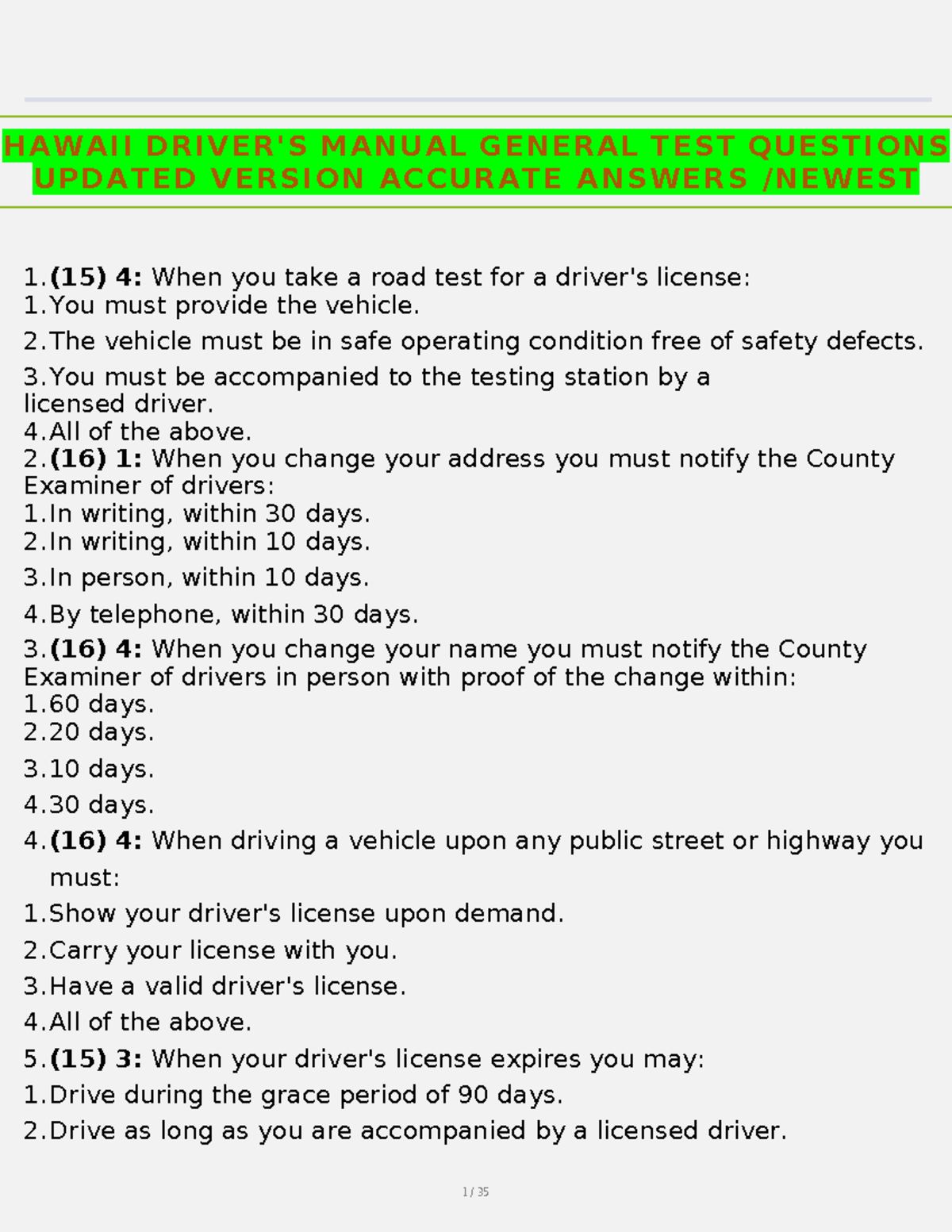 Hawaii Driver Manual: General Test Questions & Answers (Updated) - Studocu