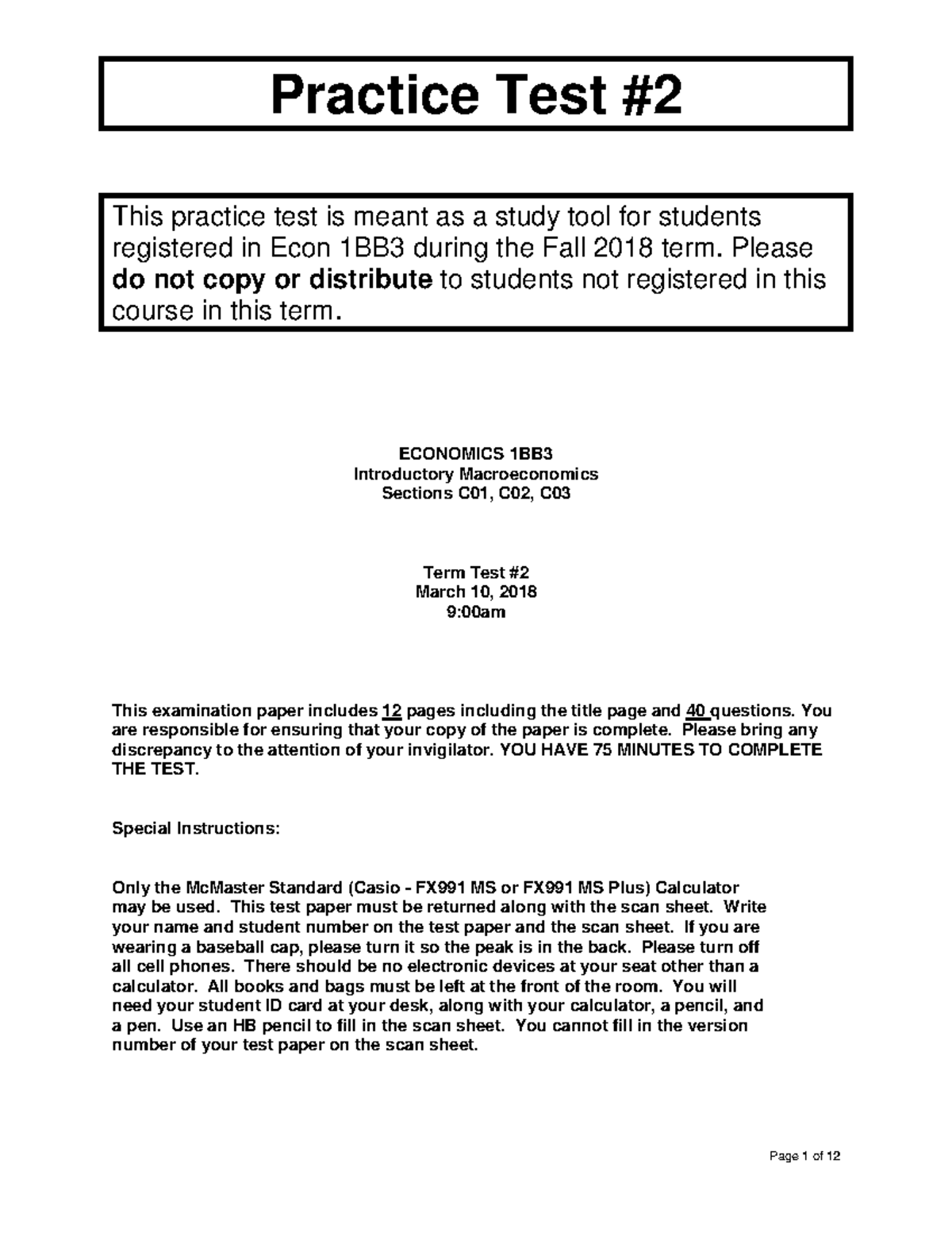 ECON 1BB3 Practice Test #2: Questions & Answers (Fall 2018) - Studocu