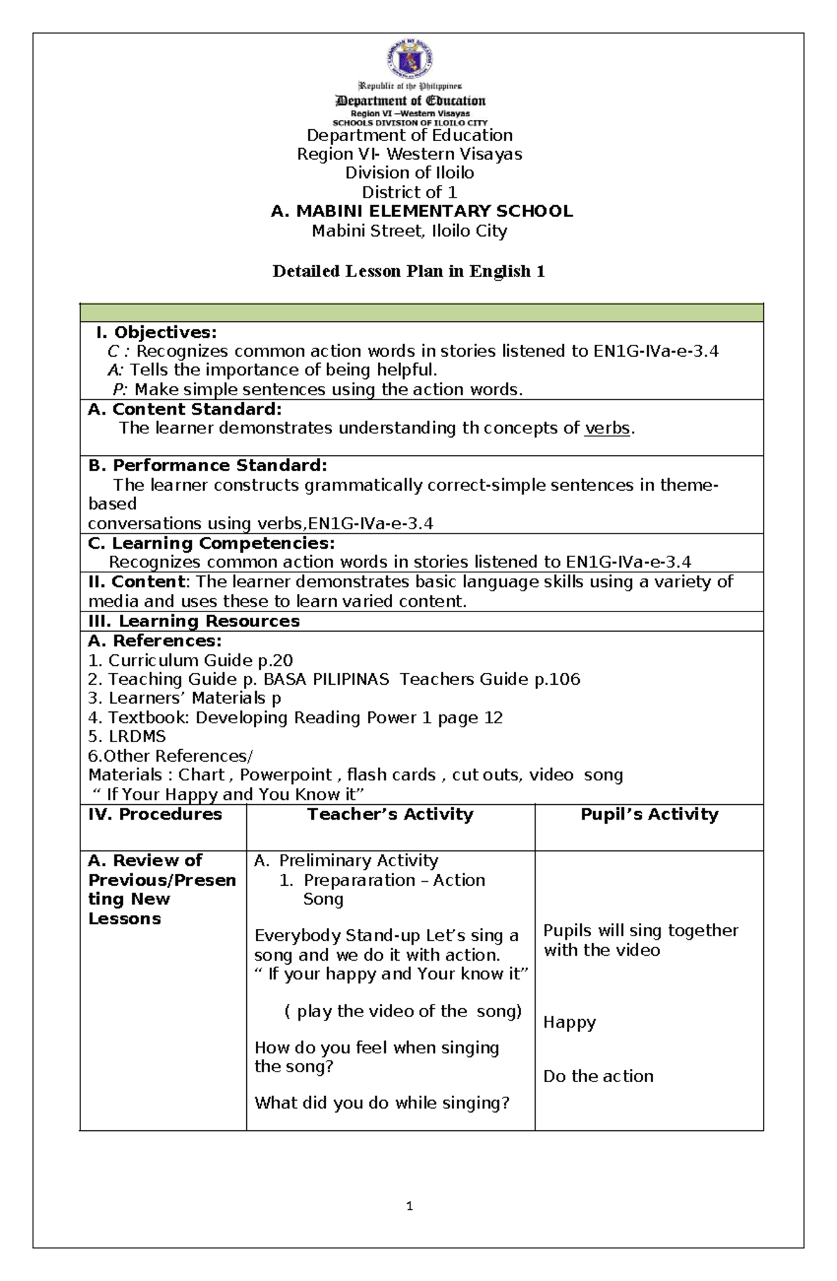 COT-IN- English 1 Detailed Lesson Plan: Action Words 2023 - Studocu