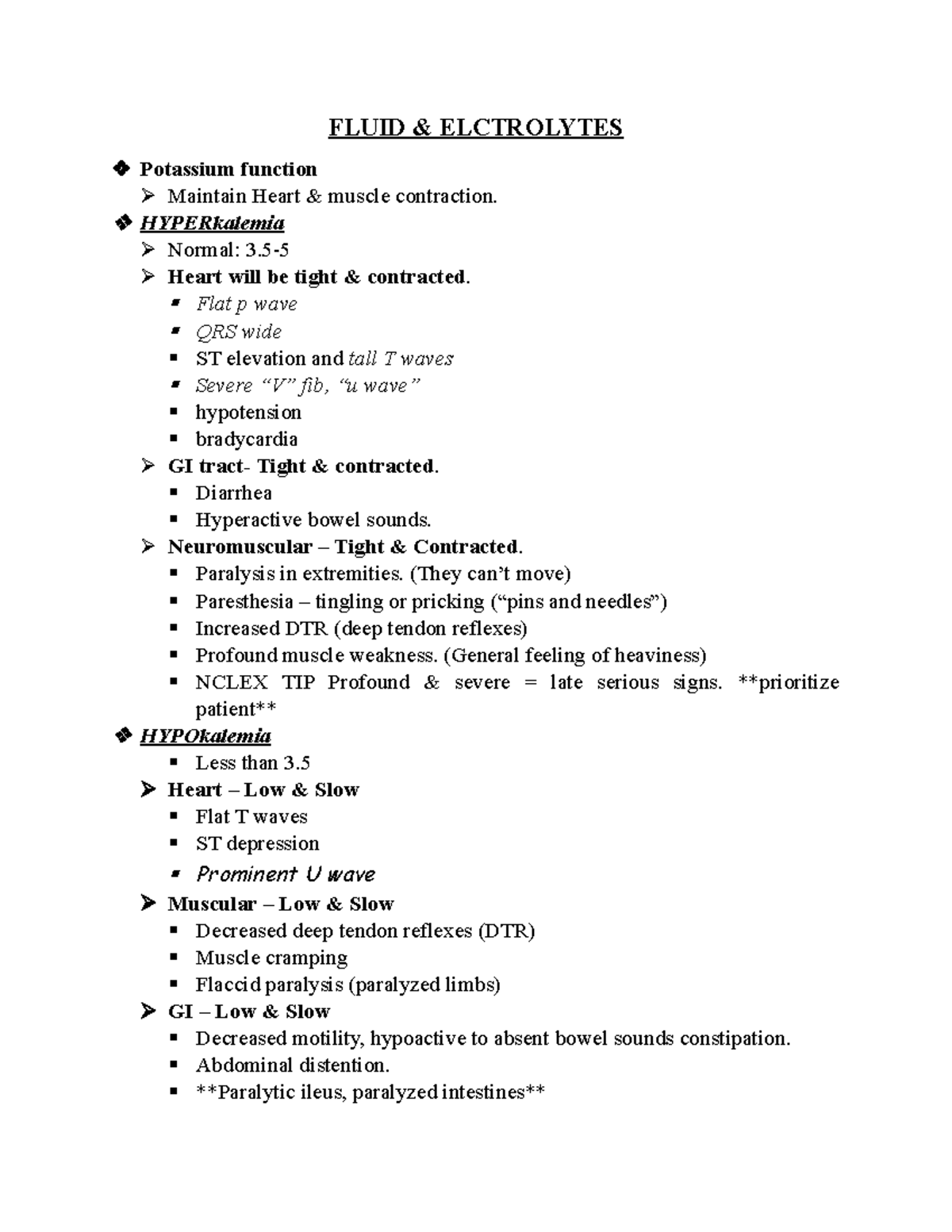 Electrolytes Exam 3 Study Notes for Medical-Surgical Nursing - Studocu