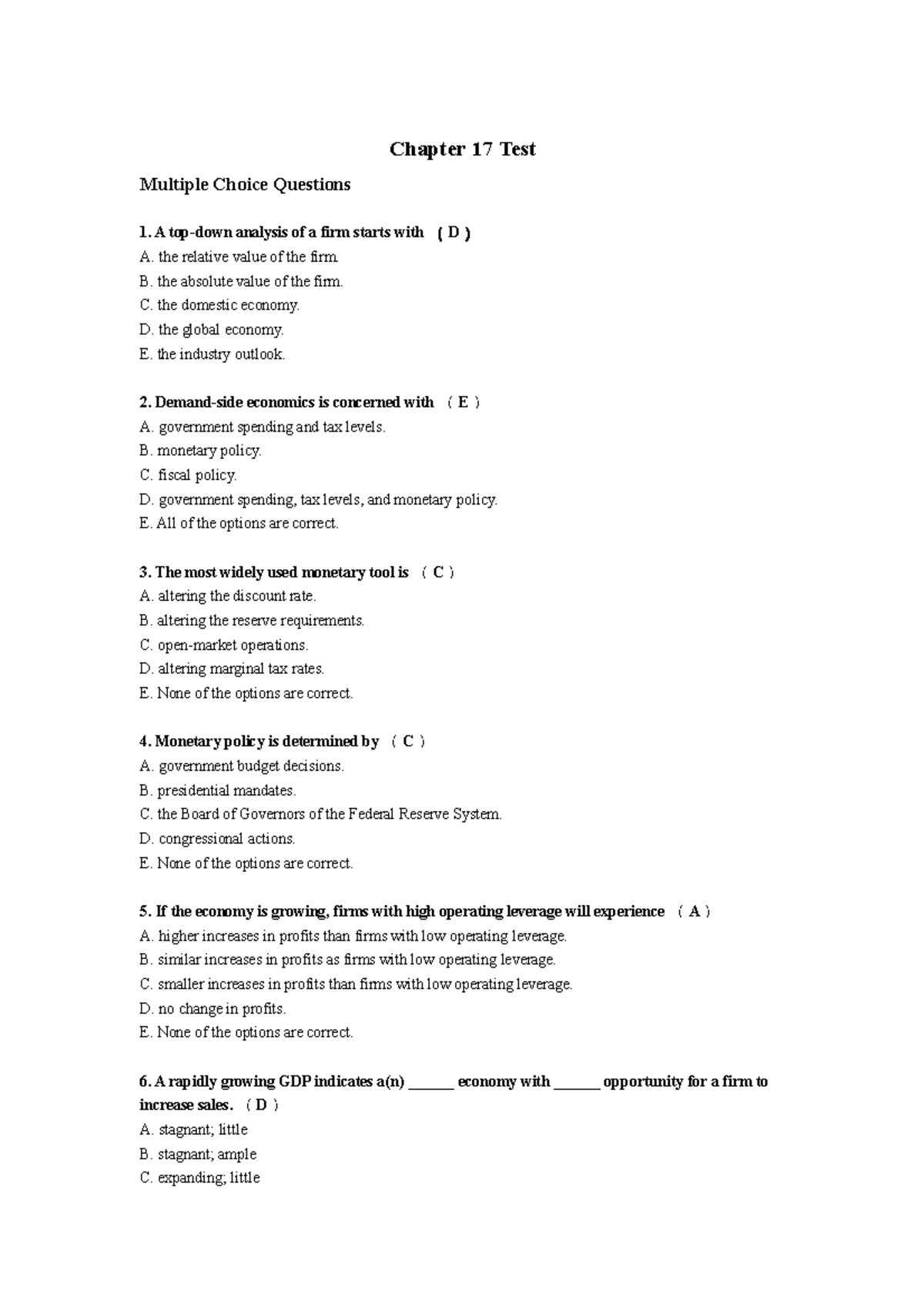 Investment Week 4 & 5 - Answer Key for Chapter 17 & 18 Tests - Studocu