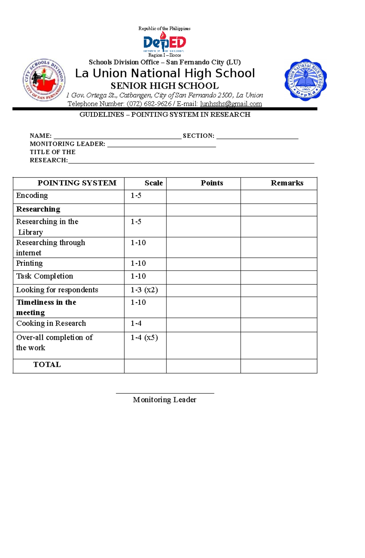 Individual Point System Research - Republic of the Philippines Region I ...