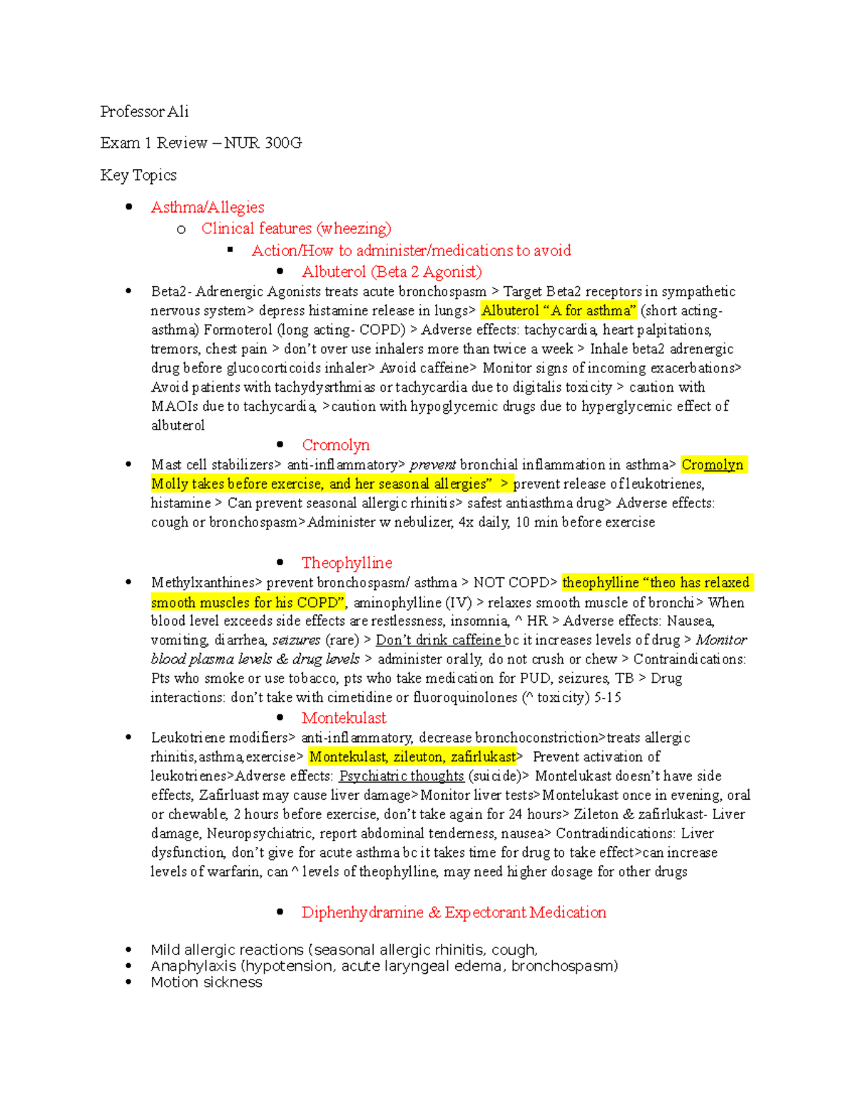 NUR 300G - Exam 1 Review Notes on Asthma and Related Medications - Studocu