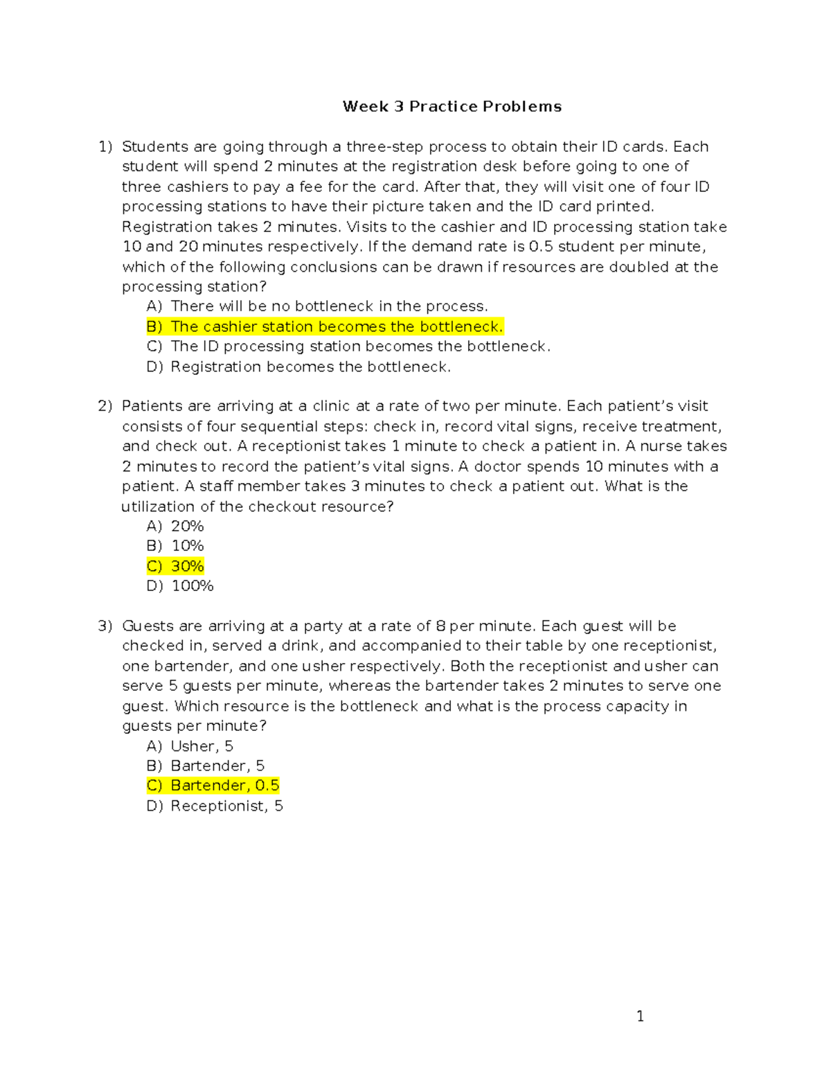Week 3 Practice Problems: Process Analysis and Bottlenecks - Studocu