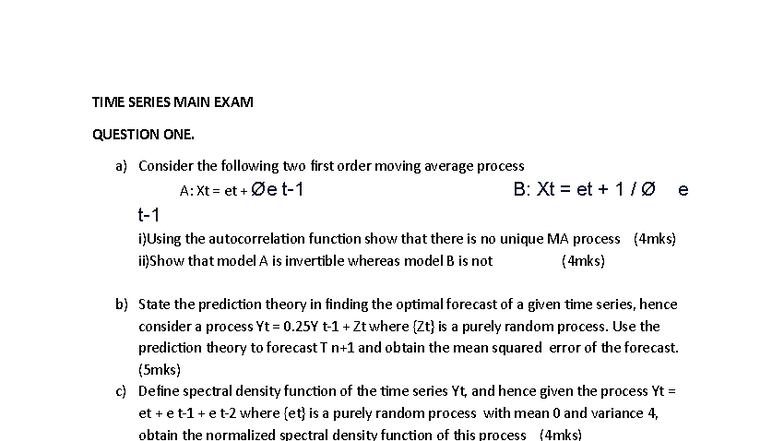 TIME SERIES PAST EXAM QUESTIONS AND SOLUTIONS - Studocu