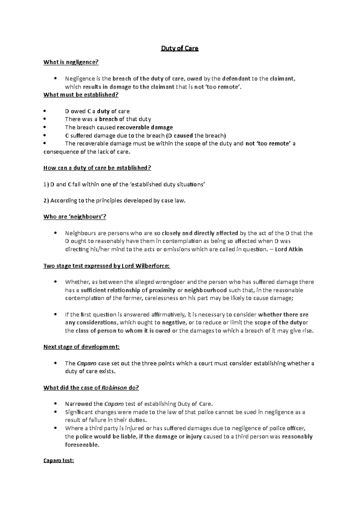 Tort Law: Comprehensive Essay Plans for Duty of Care and Negligence ...