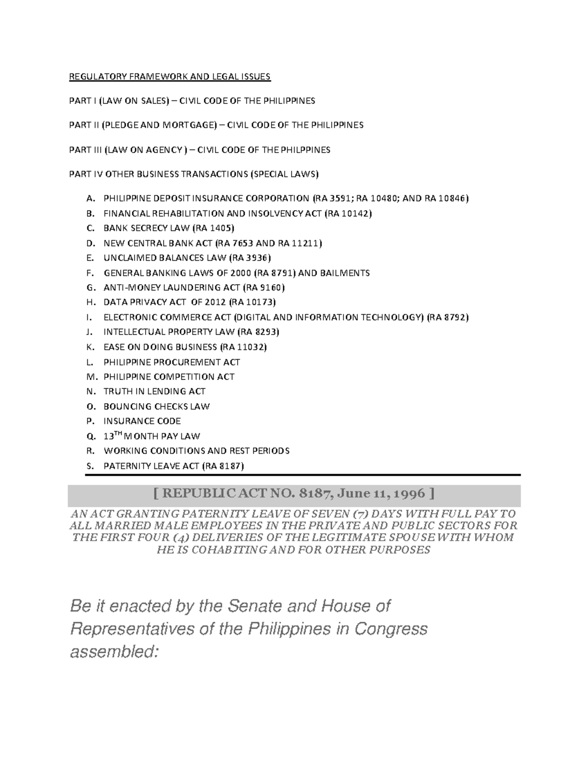 LAW ON SALES & PLEDGE: Paternity Leave (RA 8187) Overview - Studocu