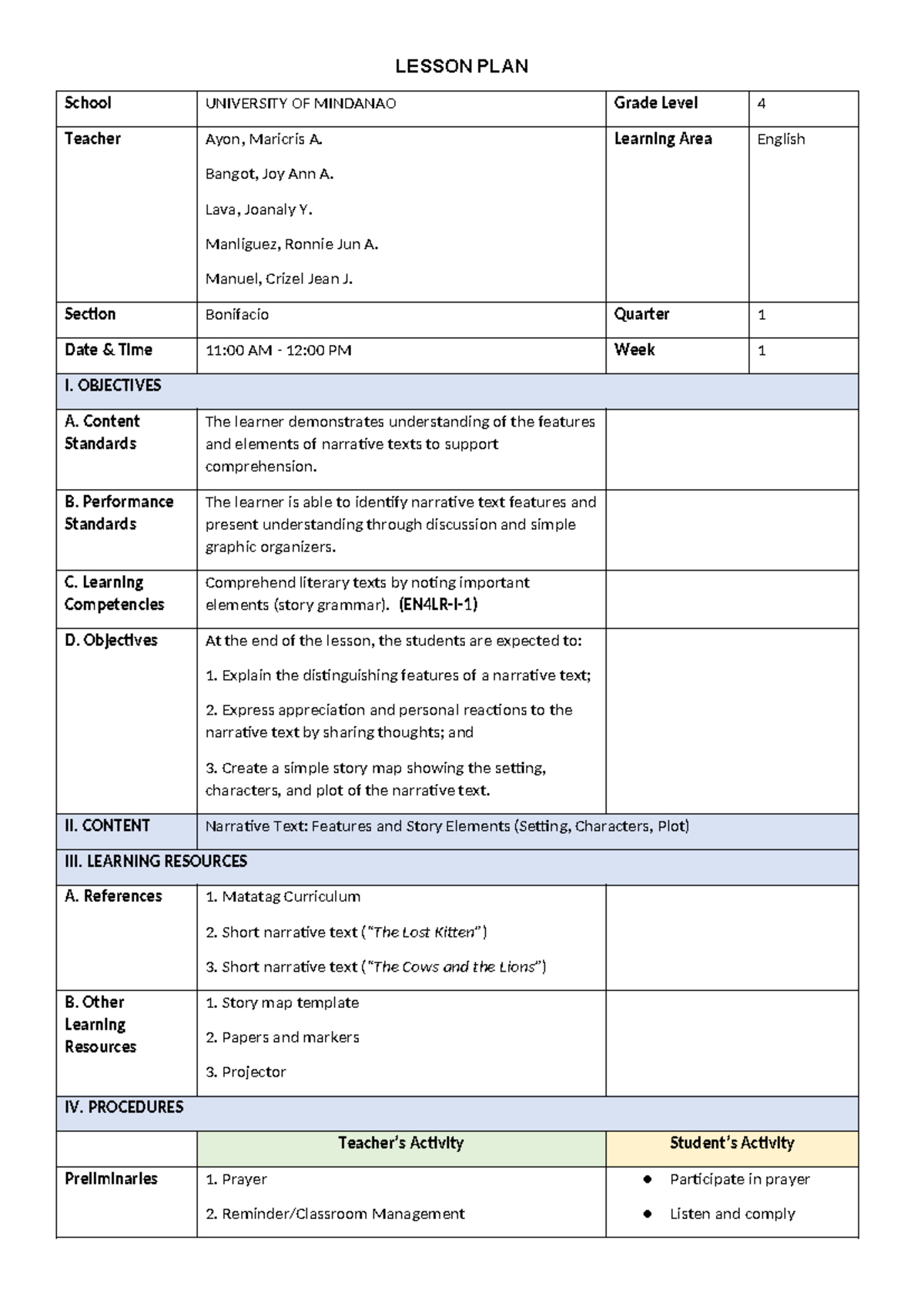 BED-LP100: Lesson Plan for Grade 4 English - Narrative Text Features ...