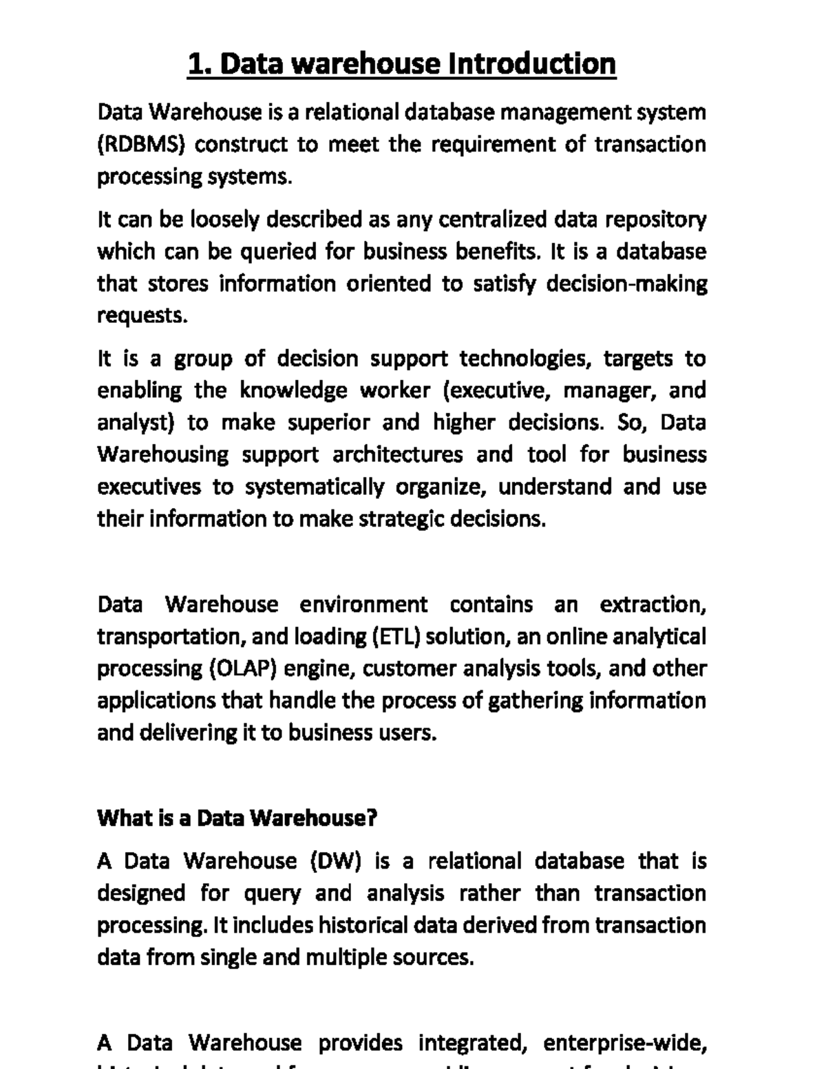 DW UNIT 1 - Introduction to Data Warehousing Concepts and Architecture ...