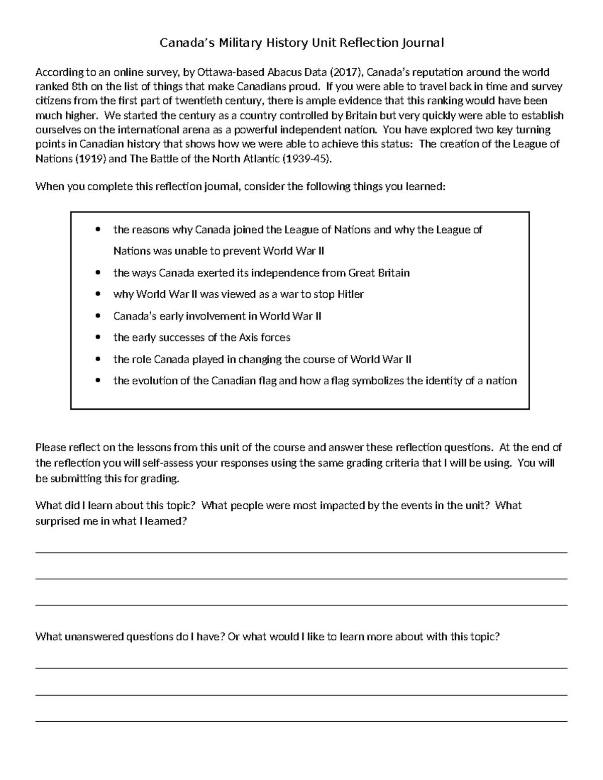 Military History Unit Reflection Journal: Key Turning Points in Canada ...