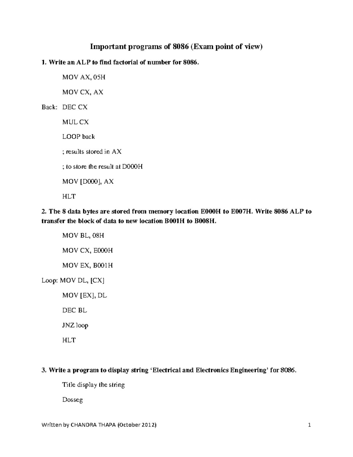 8086 Assembly Programs: Key ALP for Exam Preparation - Studocu