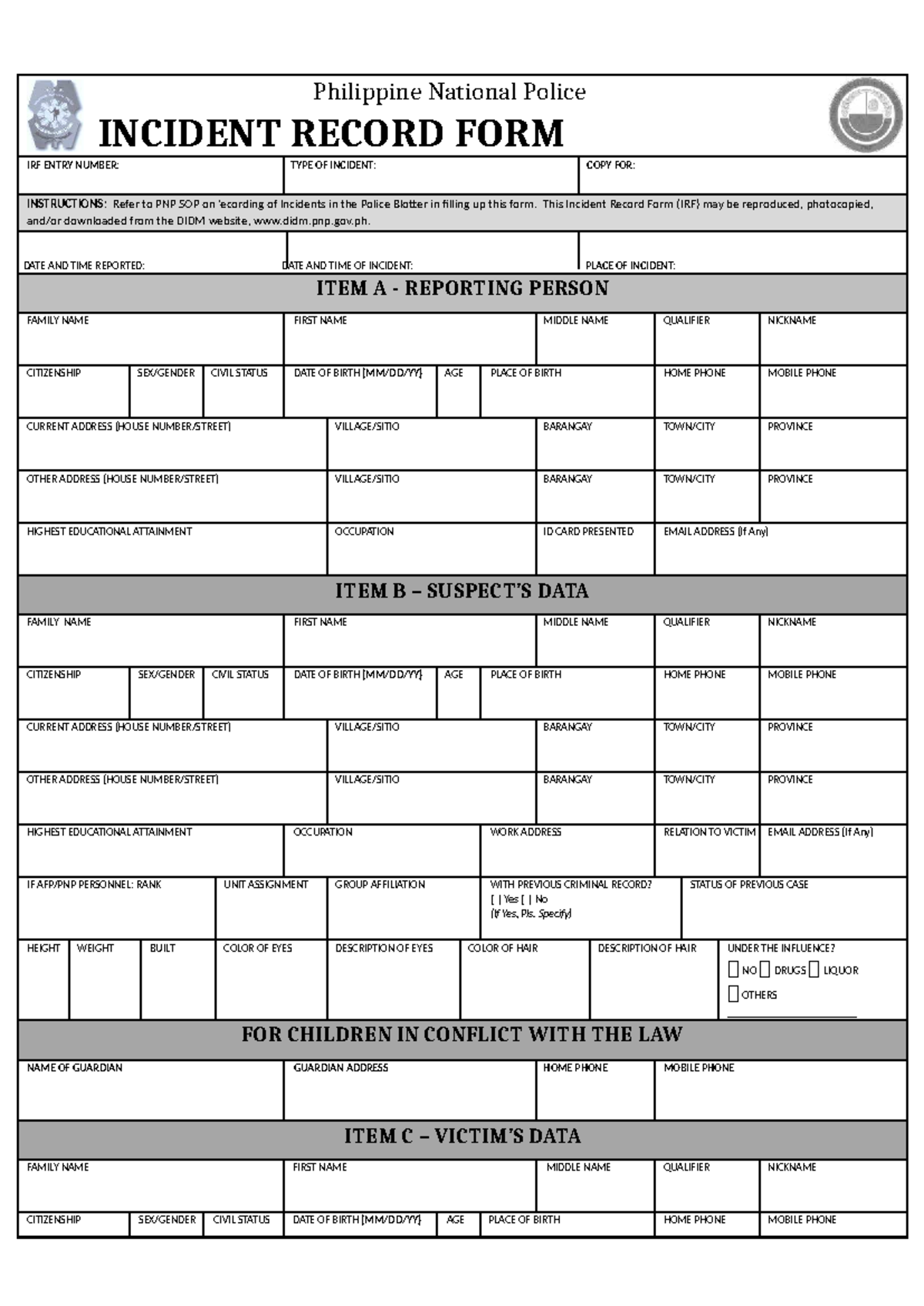 Philippine National Police Incident Record Form (IRF) - Criminology ...