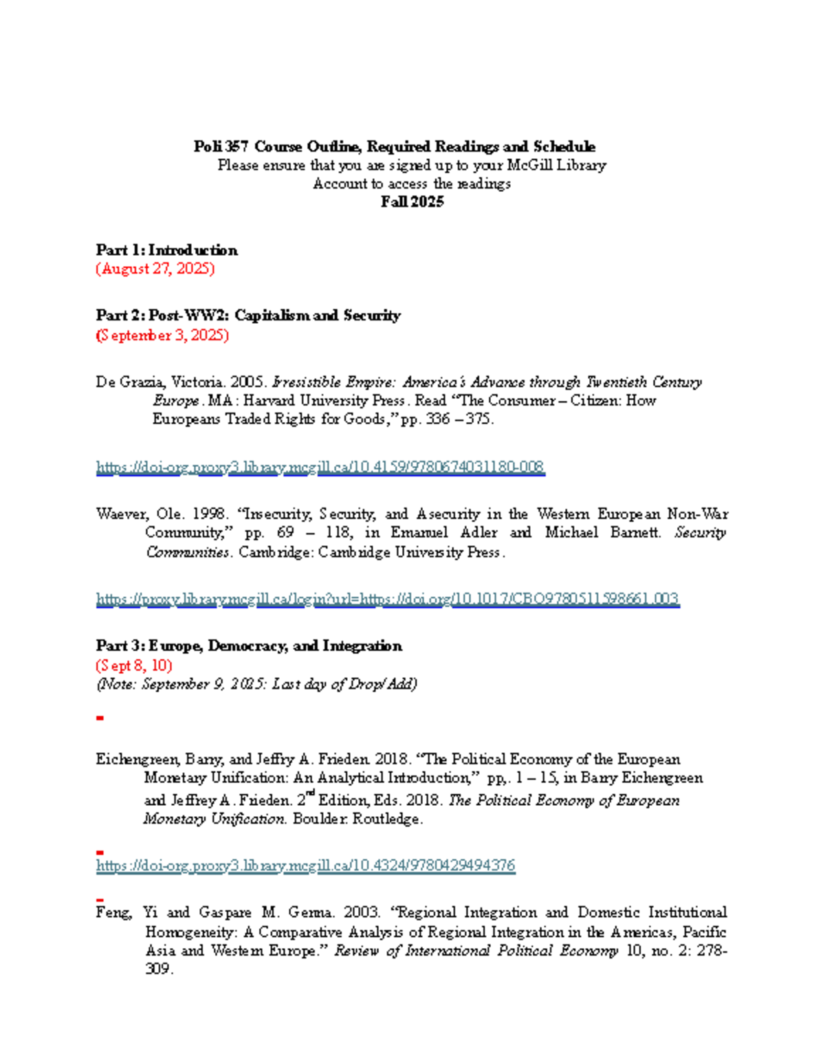 Poli 357 Course Outline, Readings, and Schedule Update Fall 2025 - Studocu