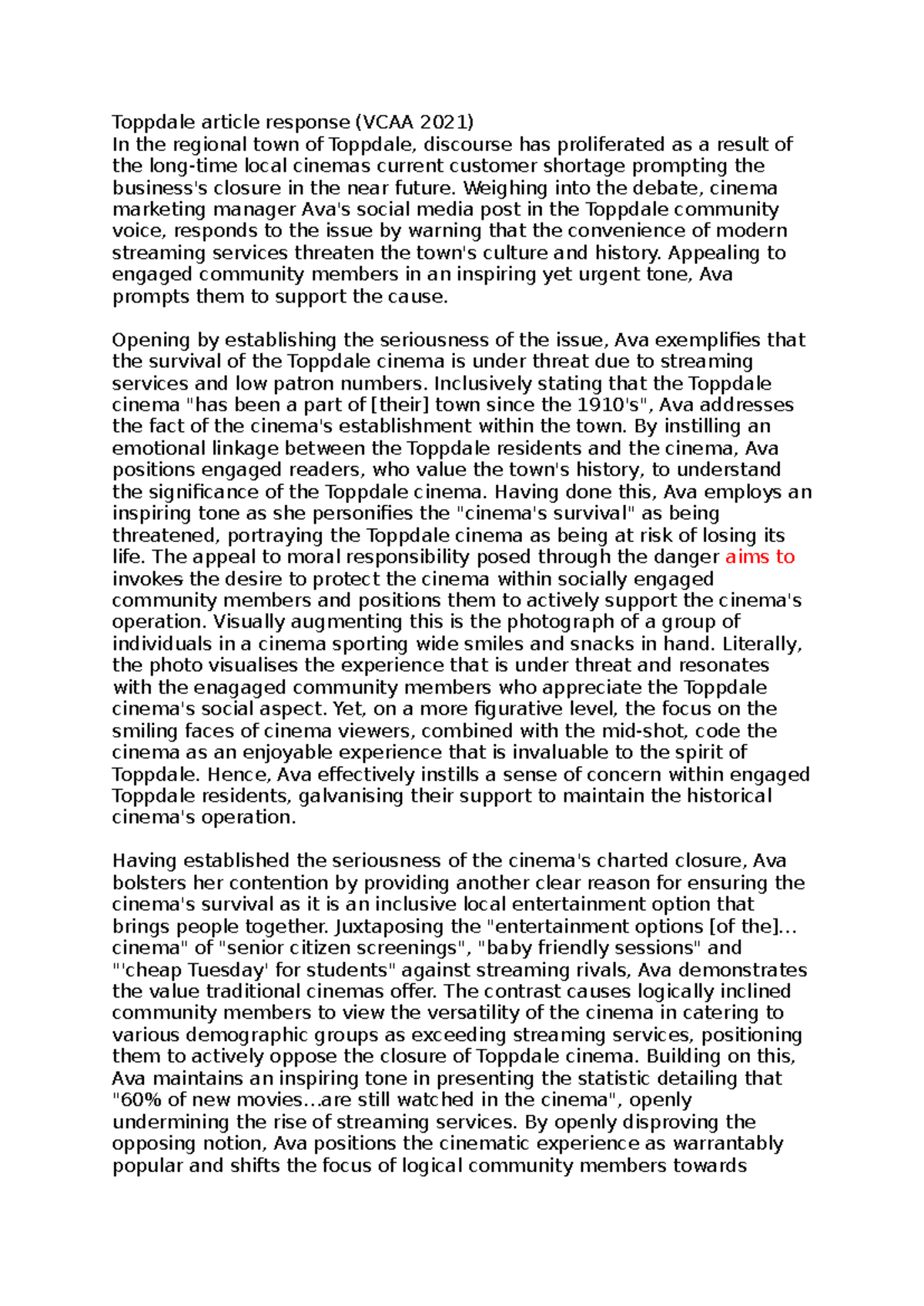 Toppdale Cinema Response Analysis (VCAA 2021) - Studocu