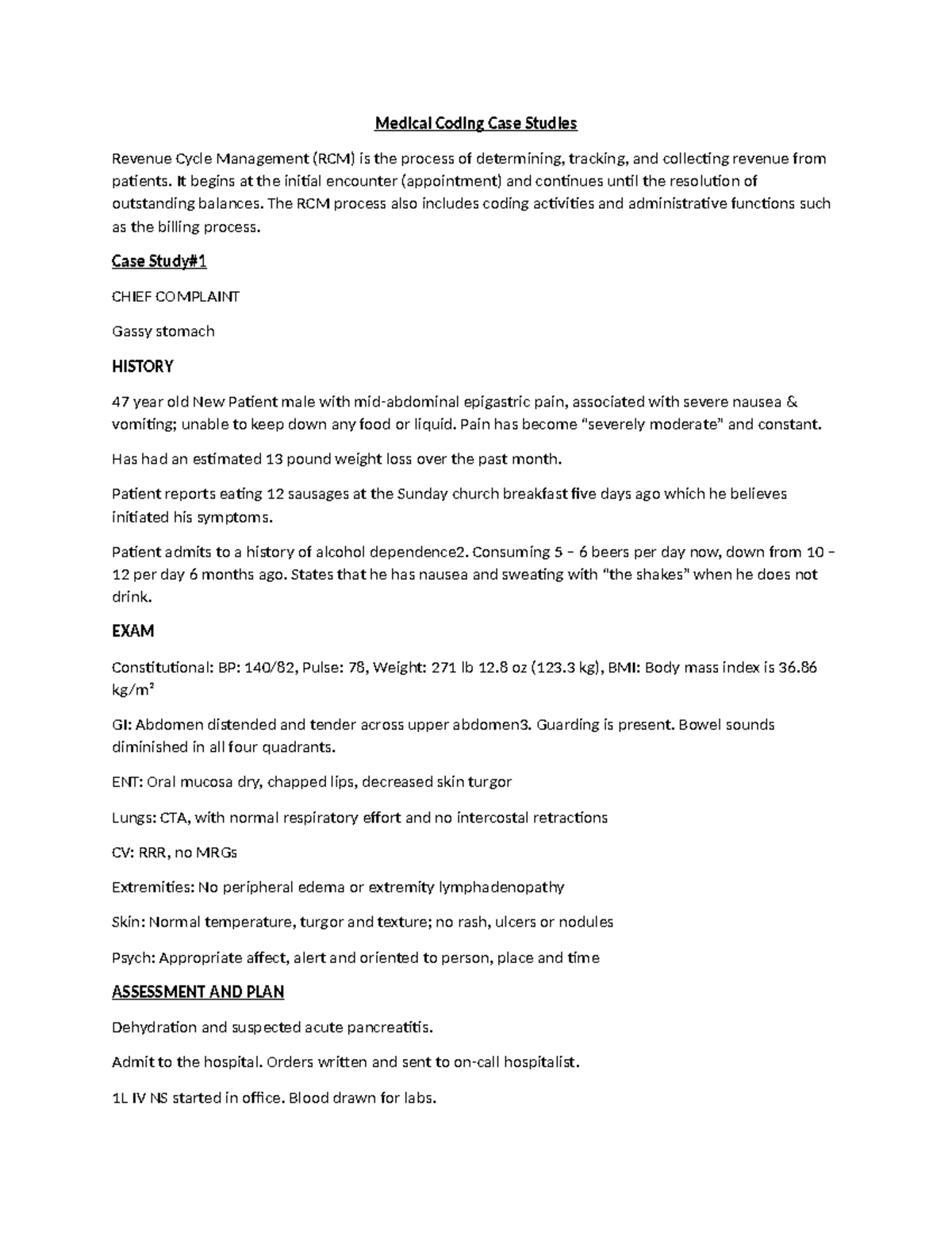 Medical Coding Case Study Rcm Analysis Patient Assessment Studocu