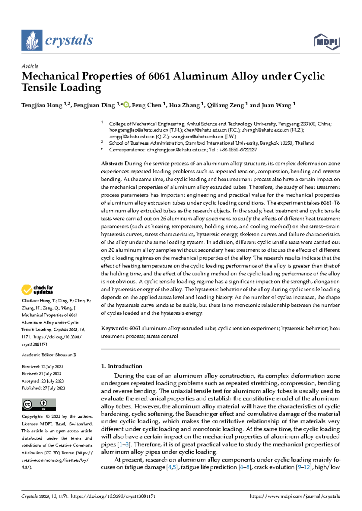 Mechanical Properties of 6061 Aluminum Alloy under Cyclic Tensile ...