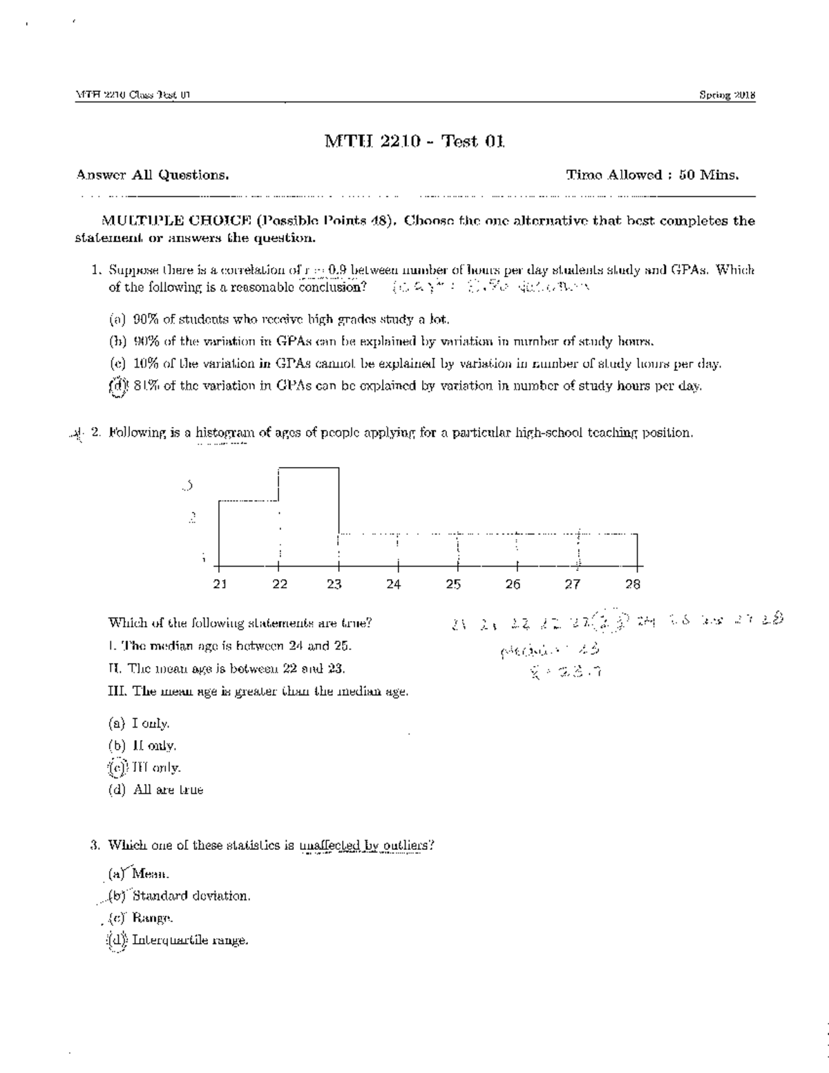 MTH 2210 Test 01 Solutions Spring 2018 - Answer Key and Explanations ...