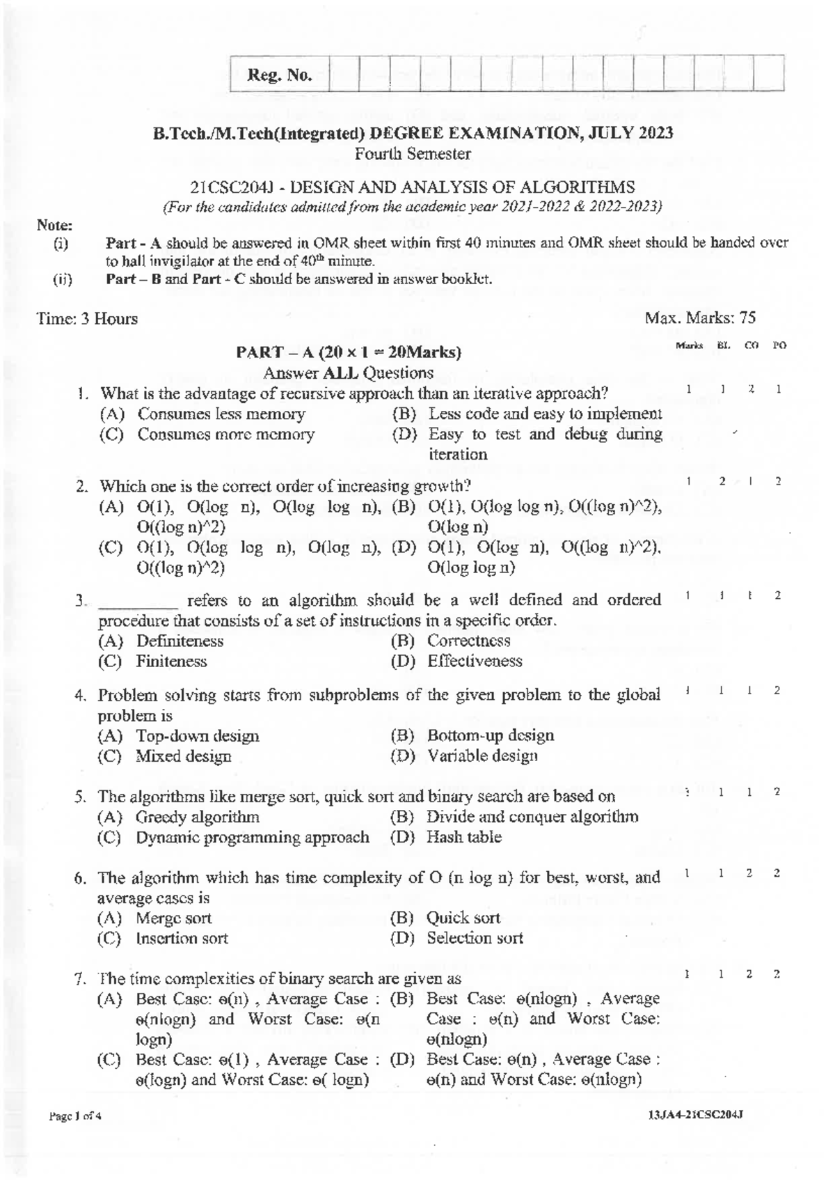 DAA 21CSC204J Fourth Sem July 2023 Exam Paper - Design & Analysis of ...