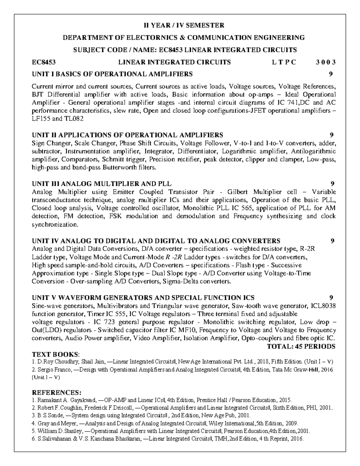 EC8453 Linear Integrated Circuits - II Year IV Sem Exam Notes - Studocu