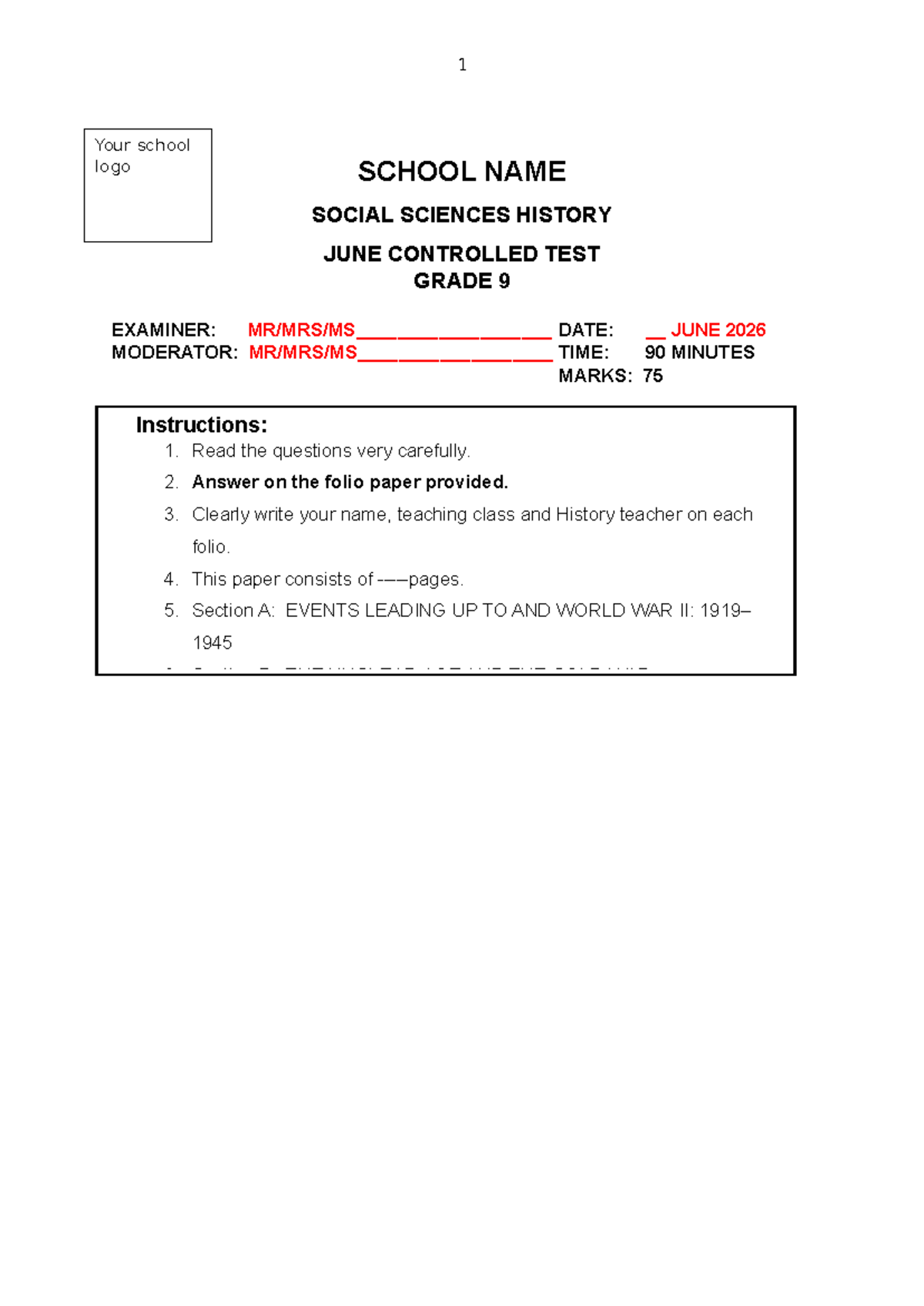 Grade 9 History Controlled Test - June 2026 Exam - Studocu