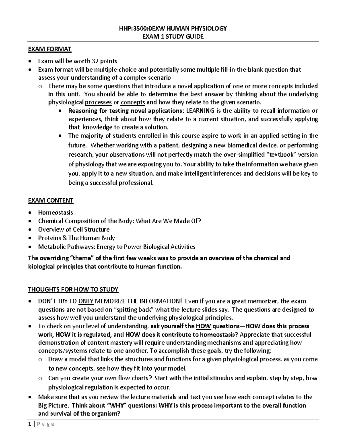 HHP 3500 Exam 1 Study Guide: Key Concepts in Human Physiology - Studocu