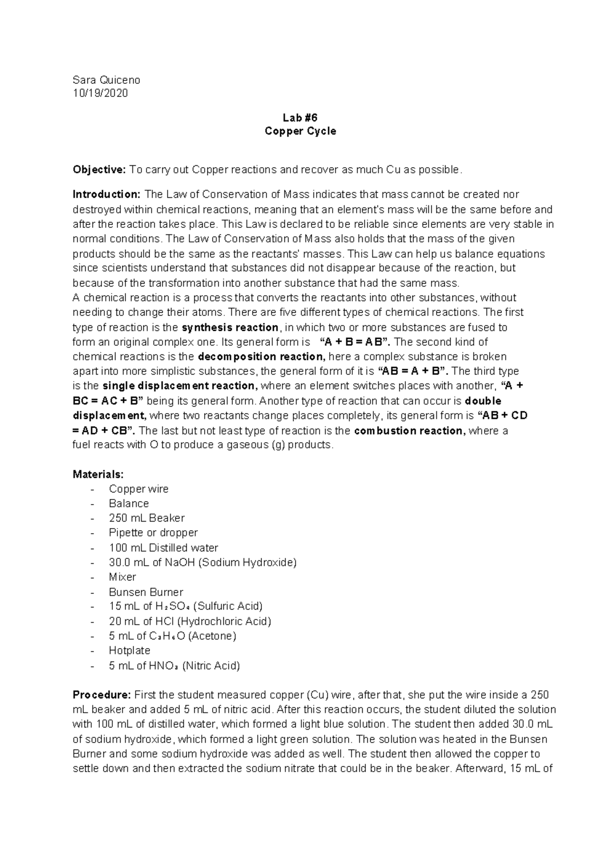 Lab #6: Precipitation and Titration - Sara Quiceno 10/19/ Lab # Copper ...