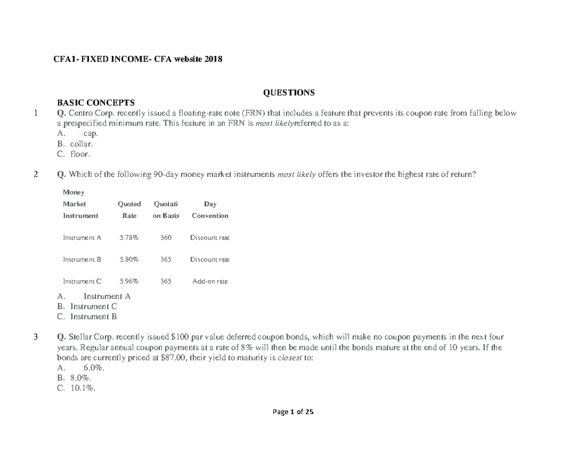 09. Fixed Income questions - CFA 1 - FIXED INCOME- CFA website 2018 ...