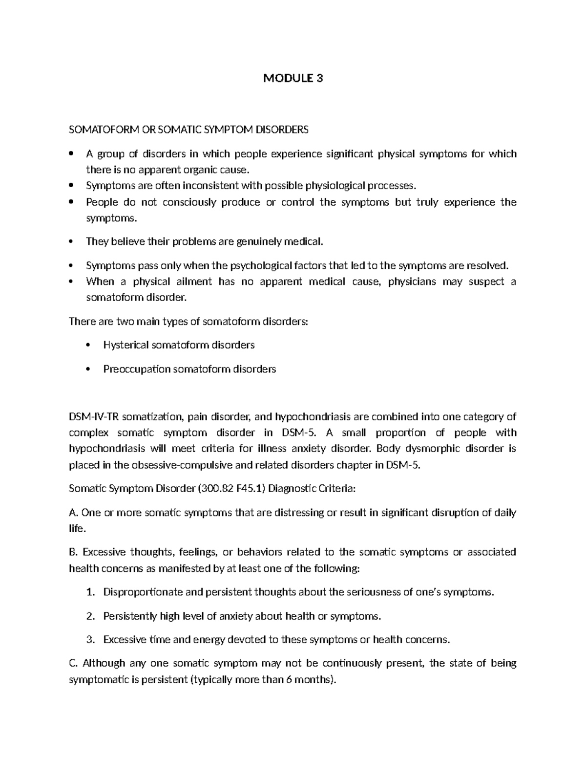 AB Module 3 - Somatoform and Dissociative Disorders Overview - Studocu