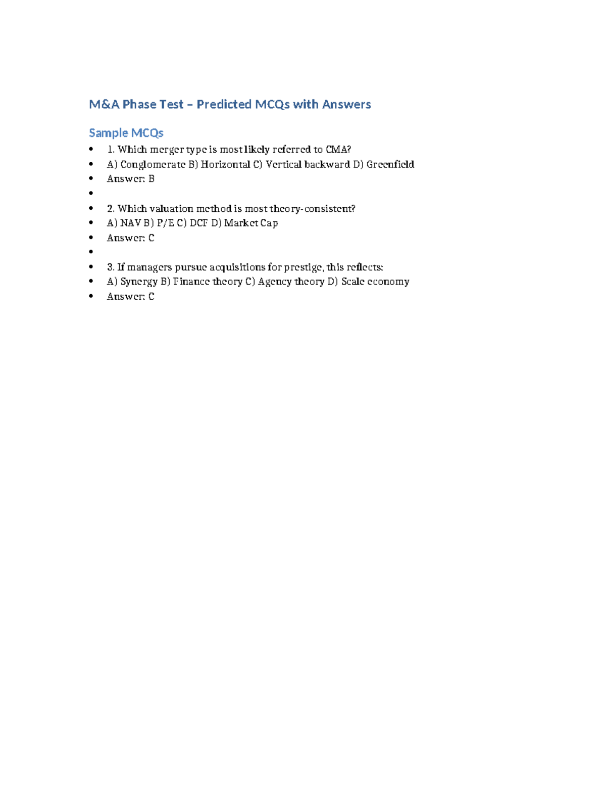 M&A Predicted MCQ - wsx adv - M&A Phase Test - Predicted MCQs with ...