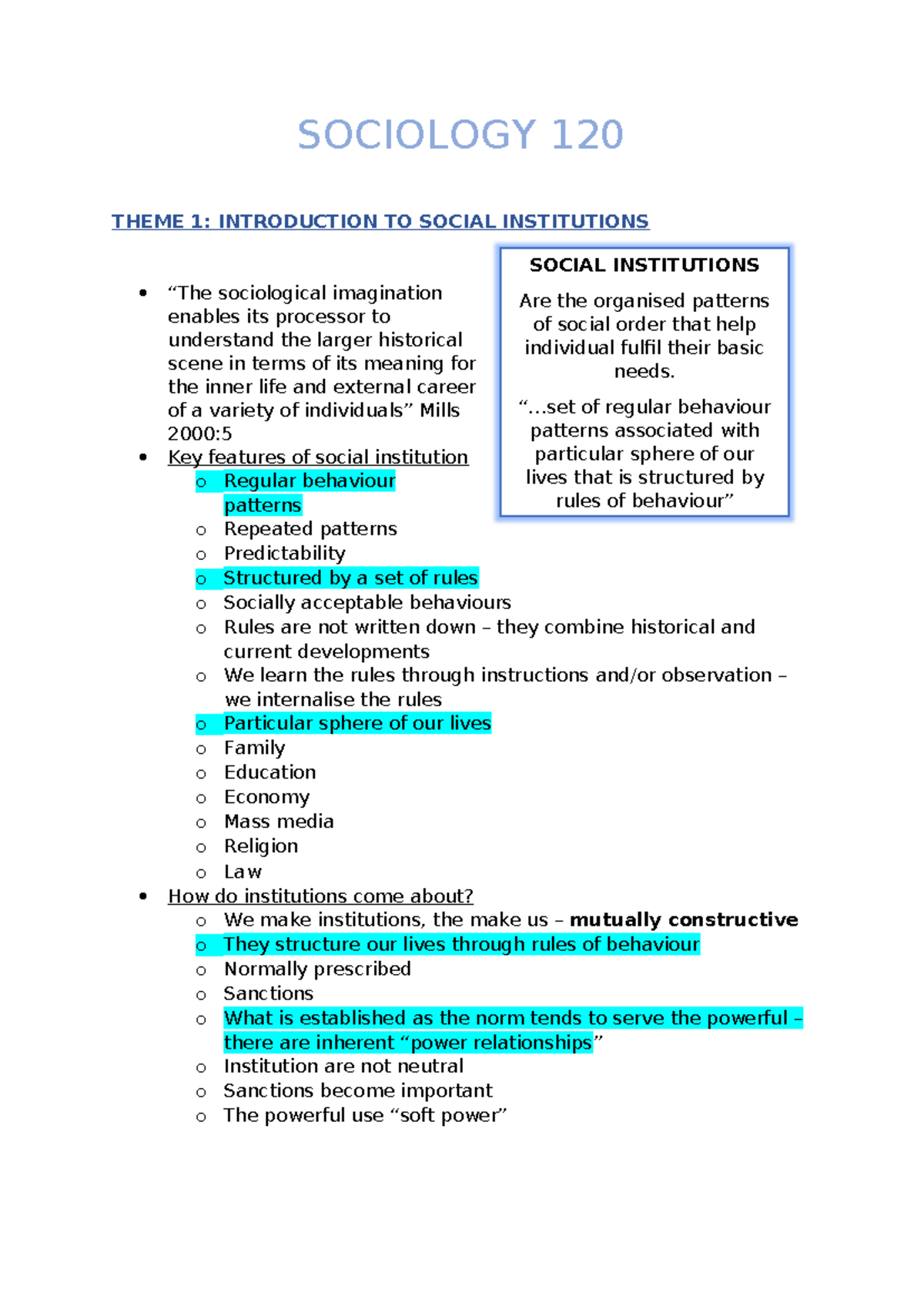 Sociology 120 - Study Notes on Social Institutions and Their Impact ...