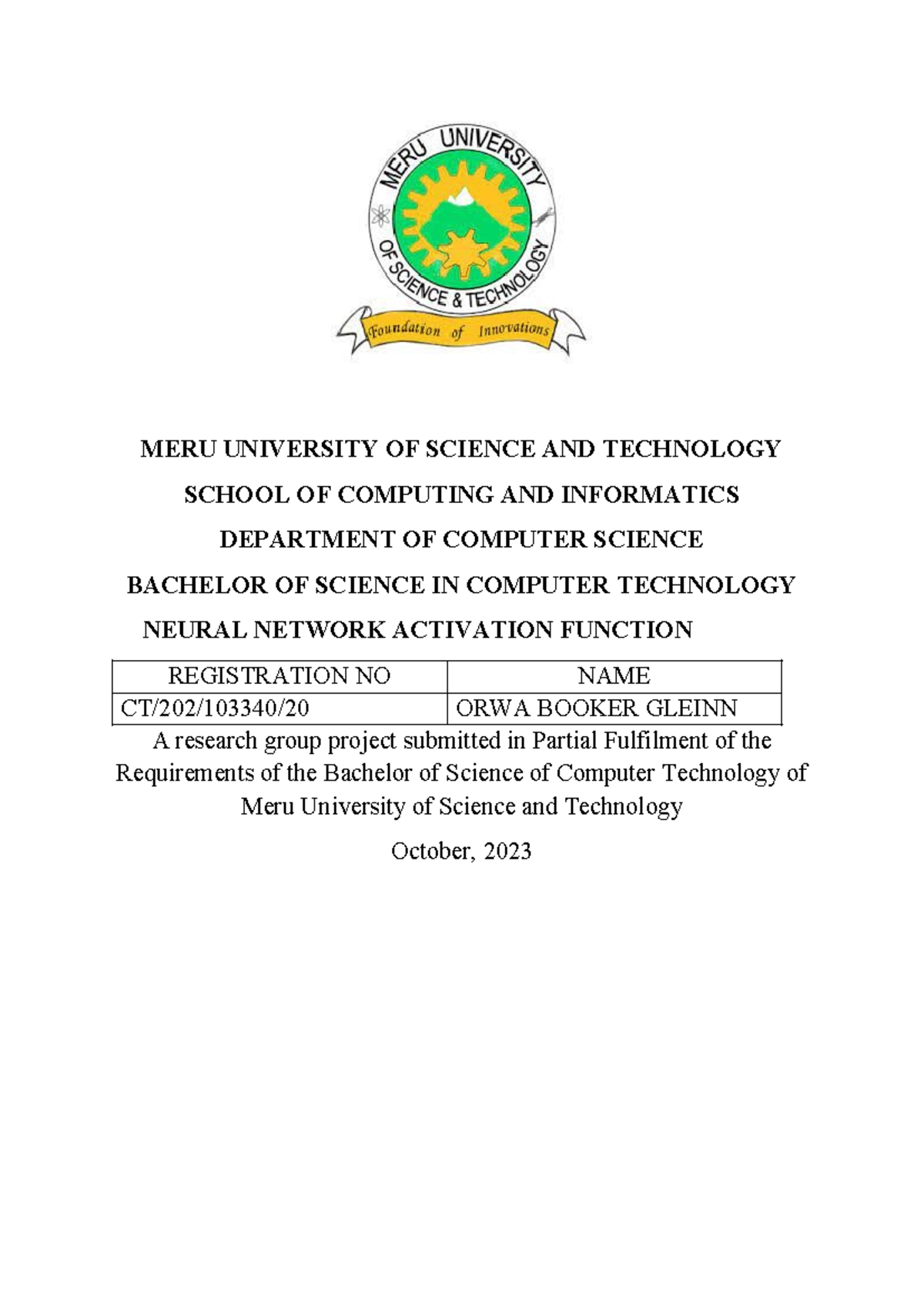 Neural network activation function - MERU UNIVERSITY OF SCIENCE AND ...