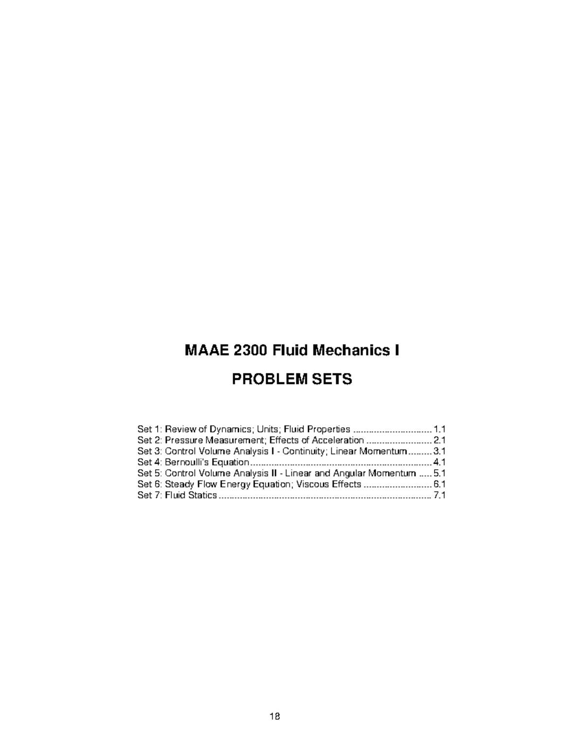 MAAE2300 Fluid Mechanics I Problem Sets Overview - Document Preview