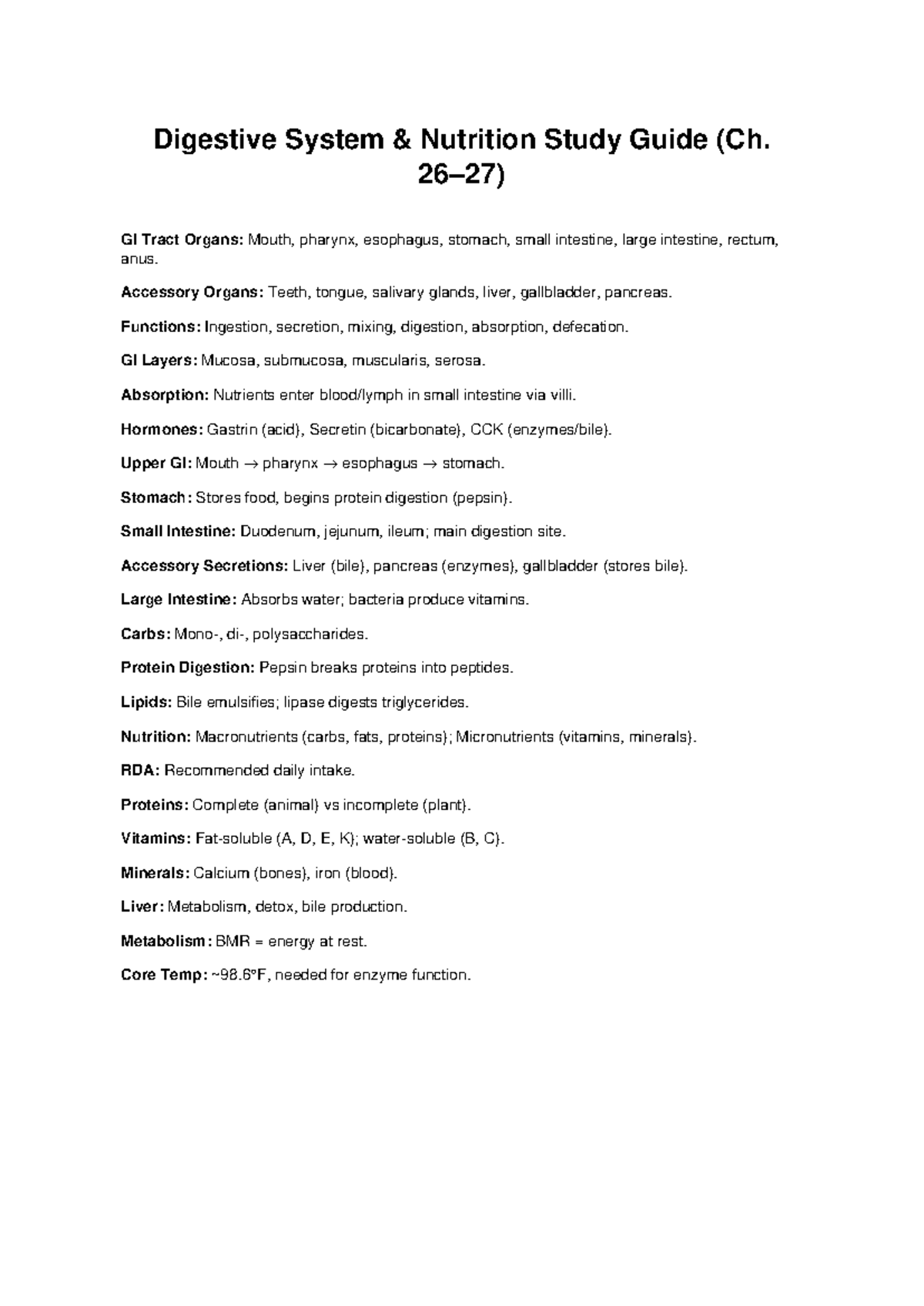 Digestive System Nutrition Study Guide (Ch. GI Tract & Functions) - Studocu